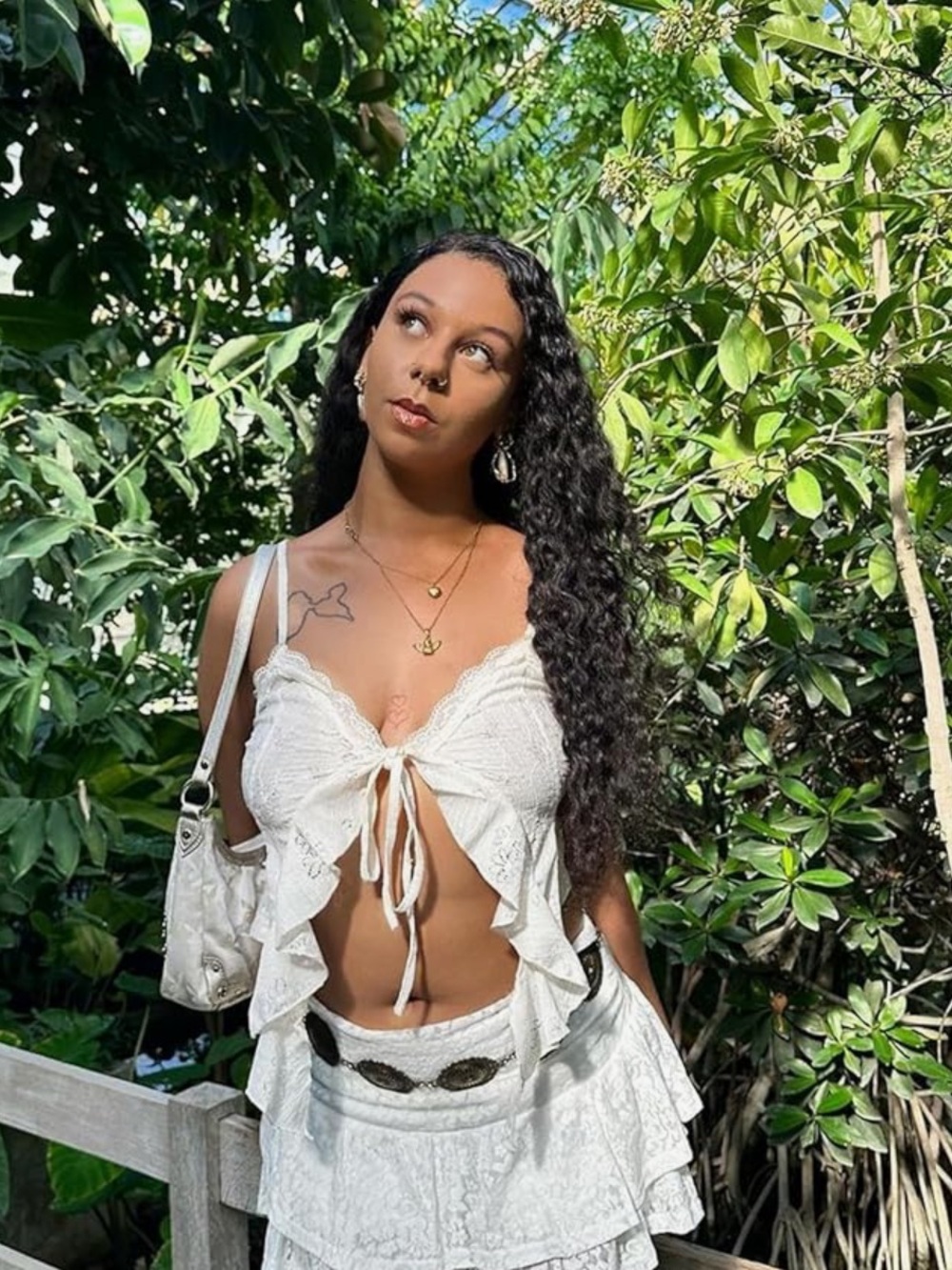 Cider White Lace Tie-Front Ruffle Crop Top with Spaghetti Straps